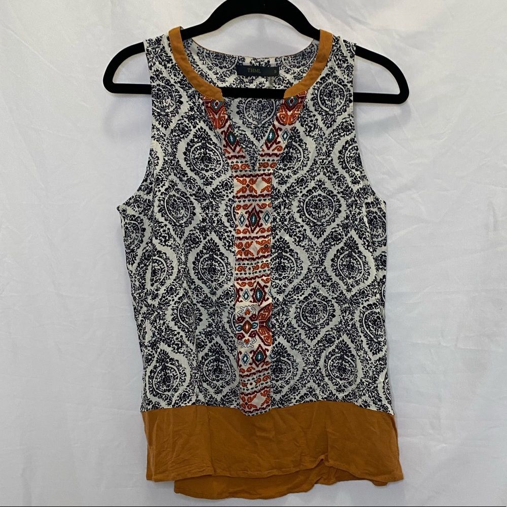 THML black & white patterned with tan trim blouse tank top, size S
